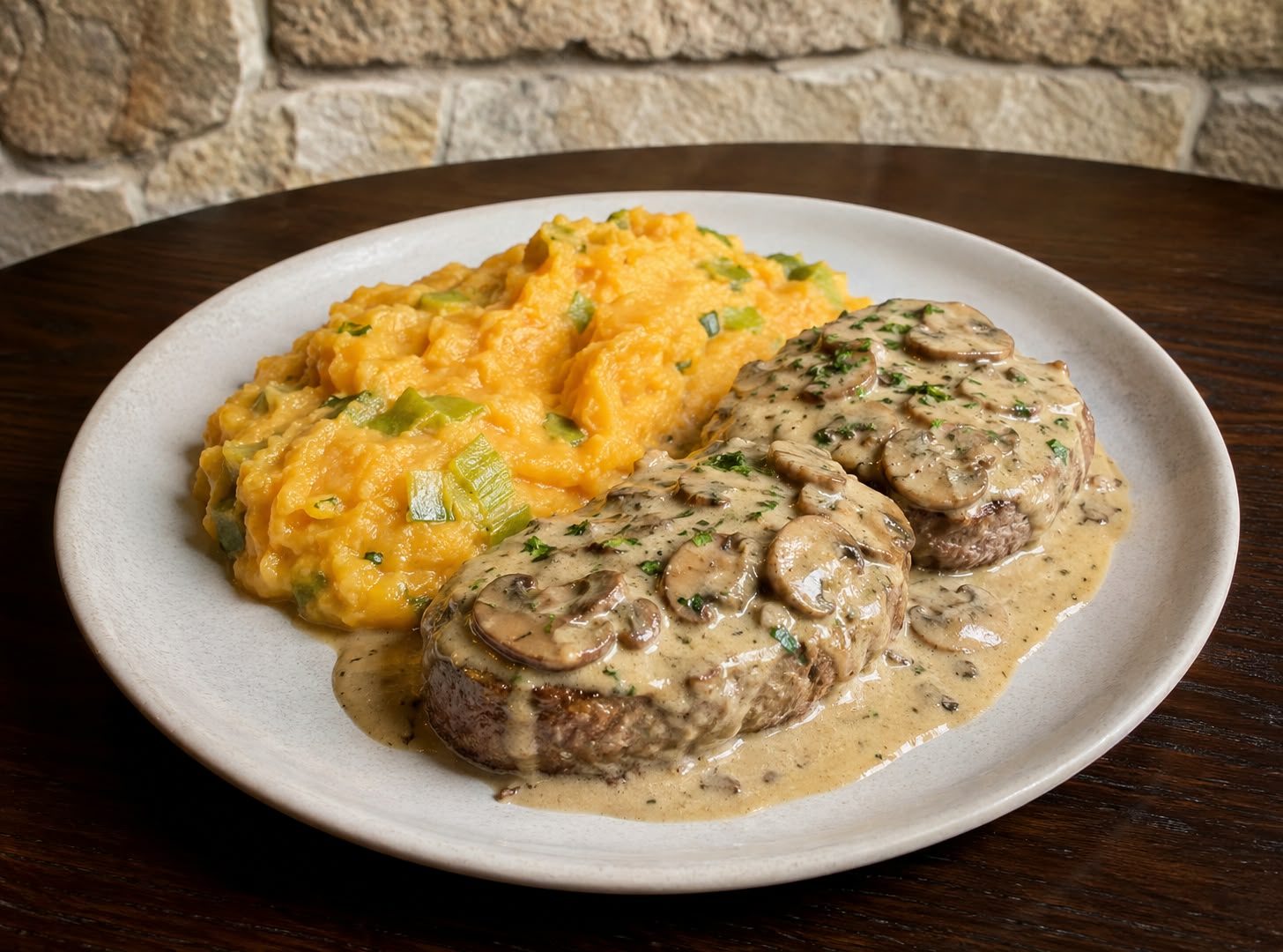 Lomo al champiñón con cremoso de batata y puerro